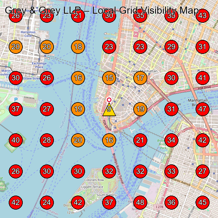 Grey & Grey LLP GeoGrid visibility map for Personal Injury Attorney in New York